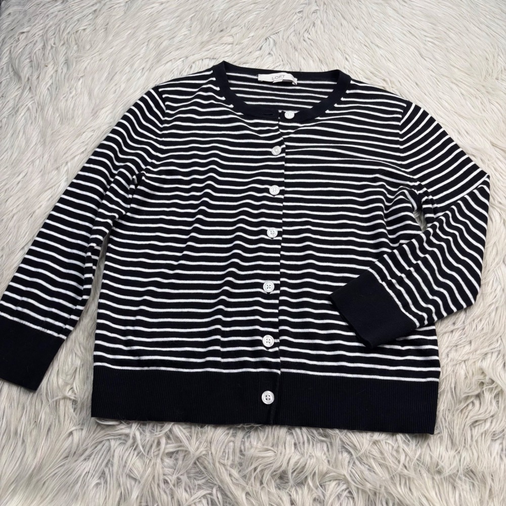 LOFT Women's M Black White Striped Crew Button Cardigan Preppy Classic Twee